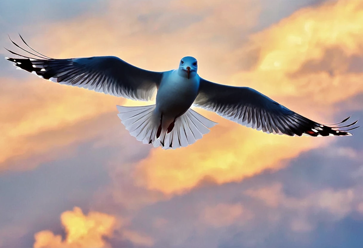 (A seagull flying through the sky with a stick of french fries in its mouth:1.4)、sunset、Backlight、Beautiful clouds、Very beautiful sky