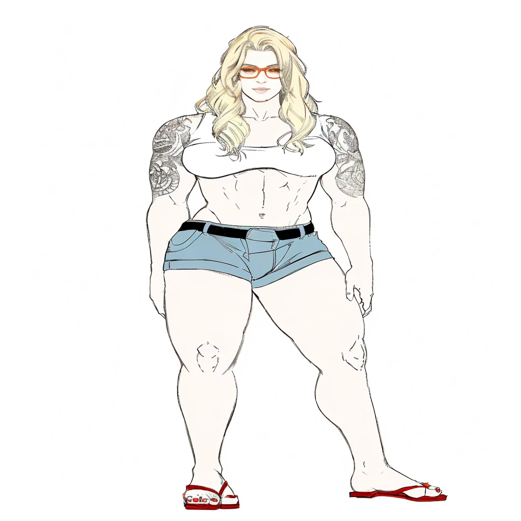 a drawing of a muscular blonde woman with tattoos and a white top, orange glasses, full body portrait of a short!, female full body, full body illustration, detailed full body portrait, full body picture, detailed full body, fullbody portrait, full body female, highly detailed full body, full body details, full body concept, d & d style full body portrait, detailed full body concept