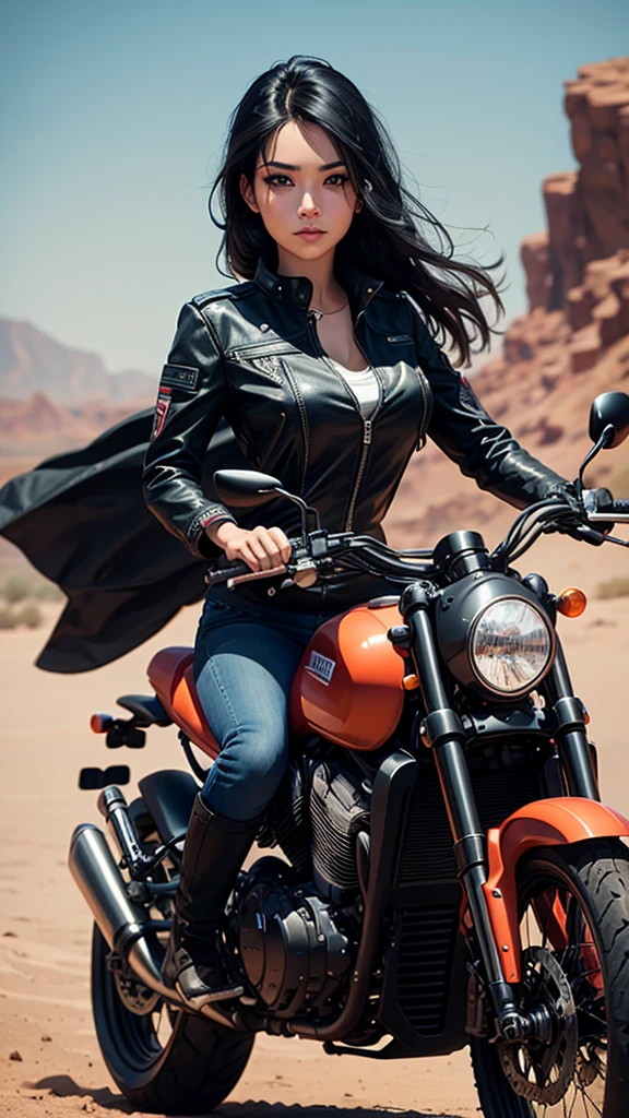 Woman, jet black hair, aquamarine color eyes, on a red motorbike, in the desert, high quality, detailed, high definition, detailed face, detailed body