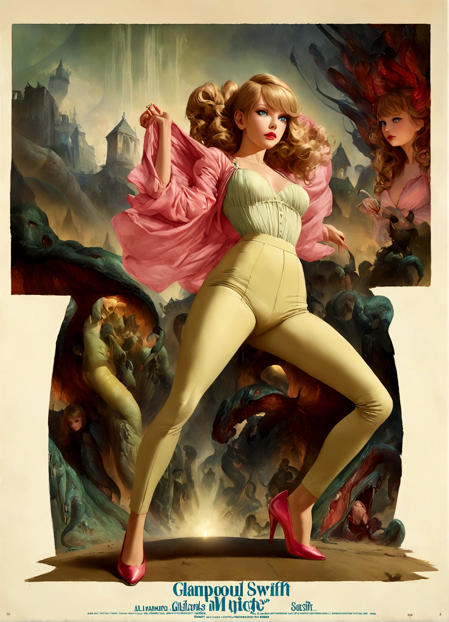 A glamorous 1950s housewife,Taylor Swift,ultra-detailed,photorealistic,beautiful detailed eyes,beautiful detailed lips,extremely detailed face,long eyelashes,tight pants,over exposed blouse,fancy hairstyle,high heels,fleeing from a horny alien tentacle monster,campy style,movie poster,dramatic lighting,vivid colors,surreal,concept art