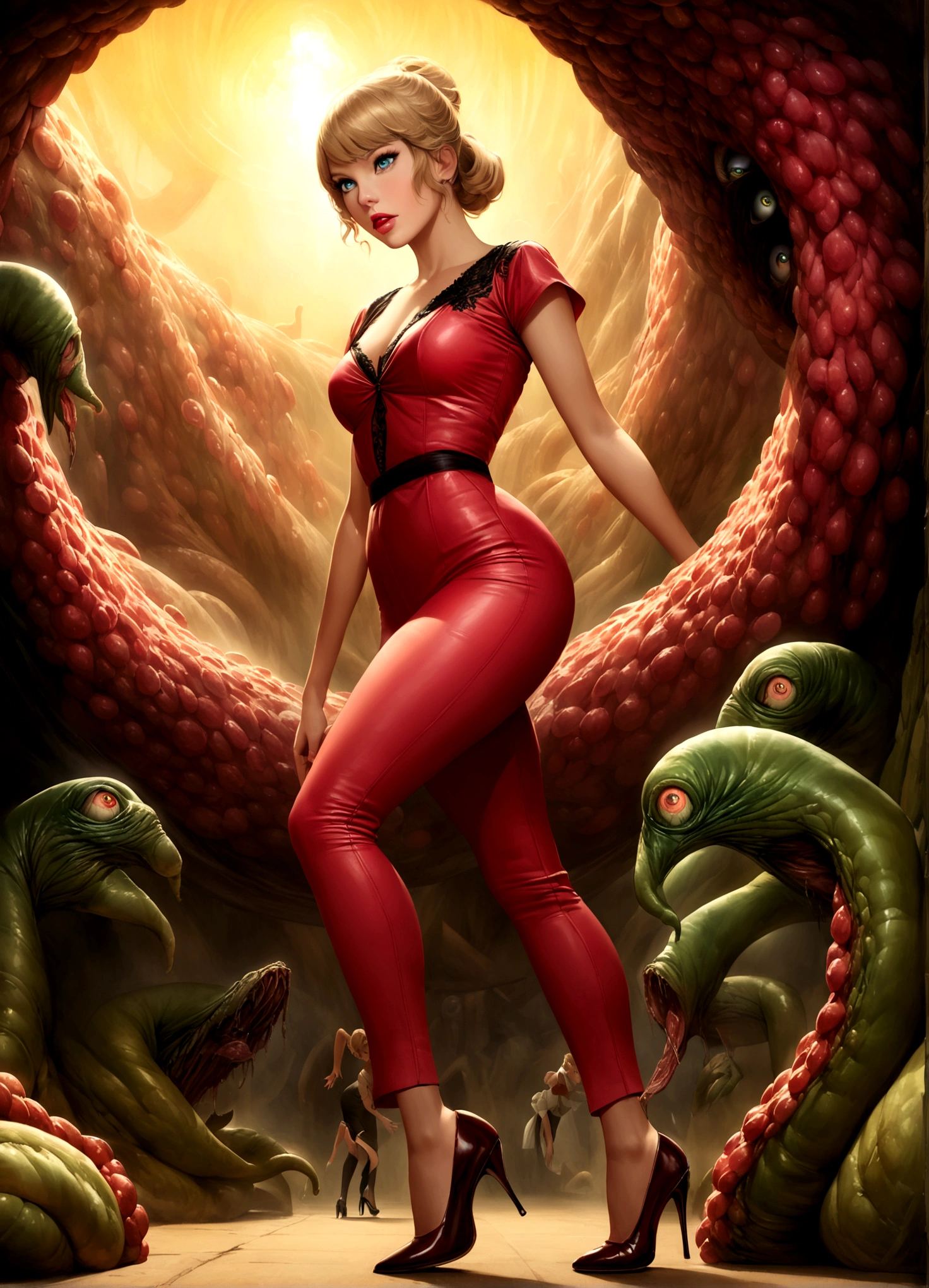 A glamorous 1950s housewife,Taylor Swift,ultra-detailed,photorealistic,beautiful detailed eyes,beautiful detailed lips,extremely detailed face,long eyelashes,tight pants,over exposed blouse,fancy hairstyle,high heels,fleeing from a horny alien tentacle monster,campy style,movie poster,dramatic lighting,vivid colors,surreal,concept art
