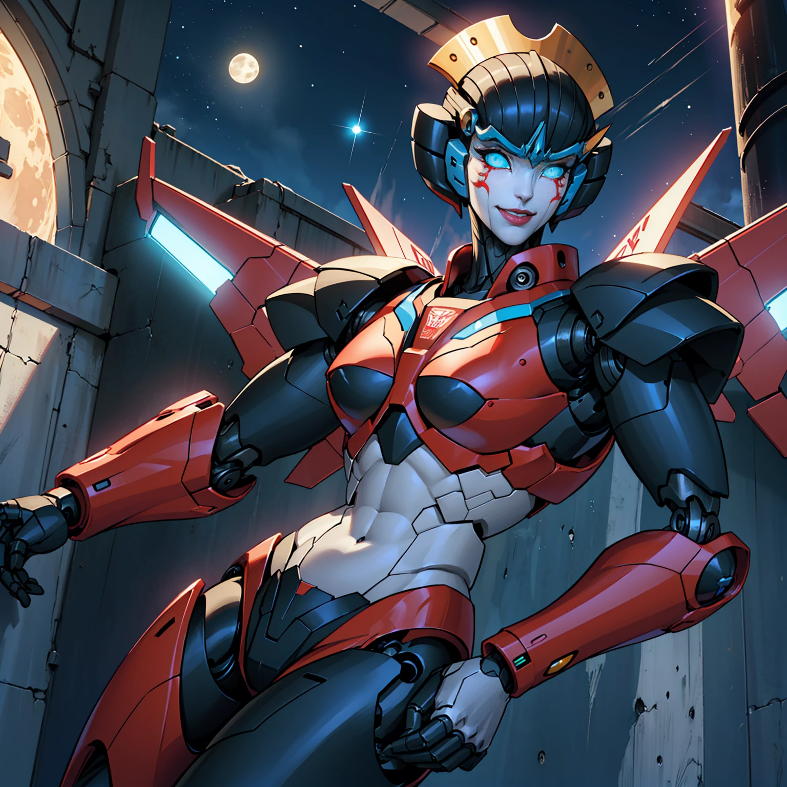 windblade, ((robot, mecha, glowing green eyes, makeup, narrow waist, skinny, medium breasts, no_humans, autobot, wings)), pelvic curtain, ((black panties, black bra)), full body, perfect body, (insanely detailed, beautiful detailed face, masterpiece, best quality) , (((solo))), (((1robot))), (((mature))), (extremely detailed 8k paper CG wall unit: 1.1), (fly, Flying to the moon, night), (smile face for the viewer), 