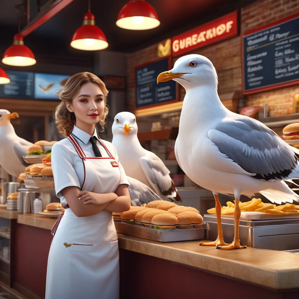 Seagulls at the cashier in burger shop uniforms, exquisite wings, exquisite uniforms, exquisite facial features, high quality, photorealistic, intricate details, dynamic poses, cinematic lighting, vibrant colors, 8k, masterpiece