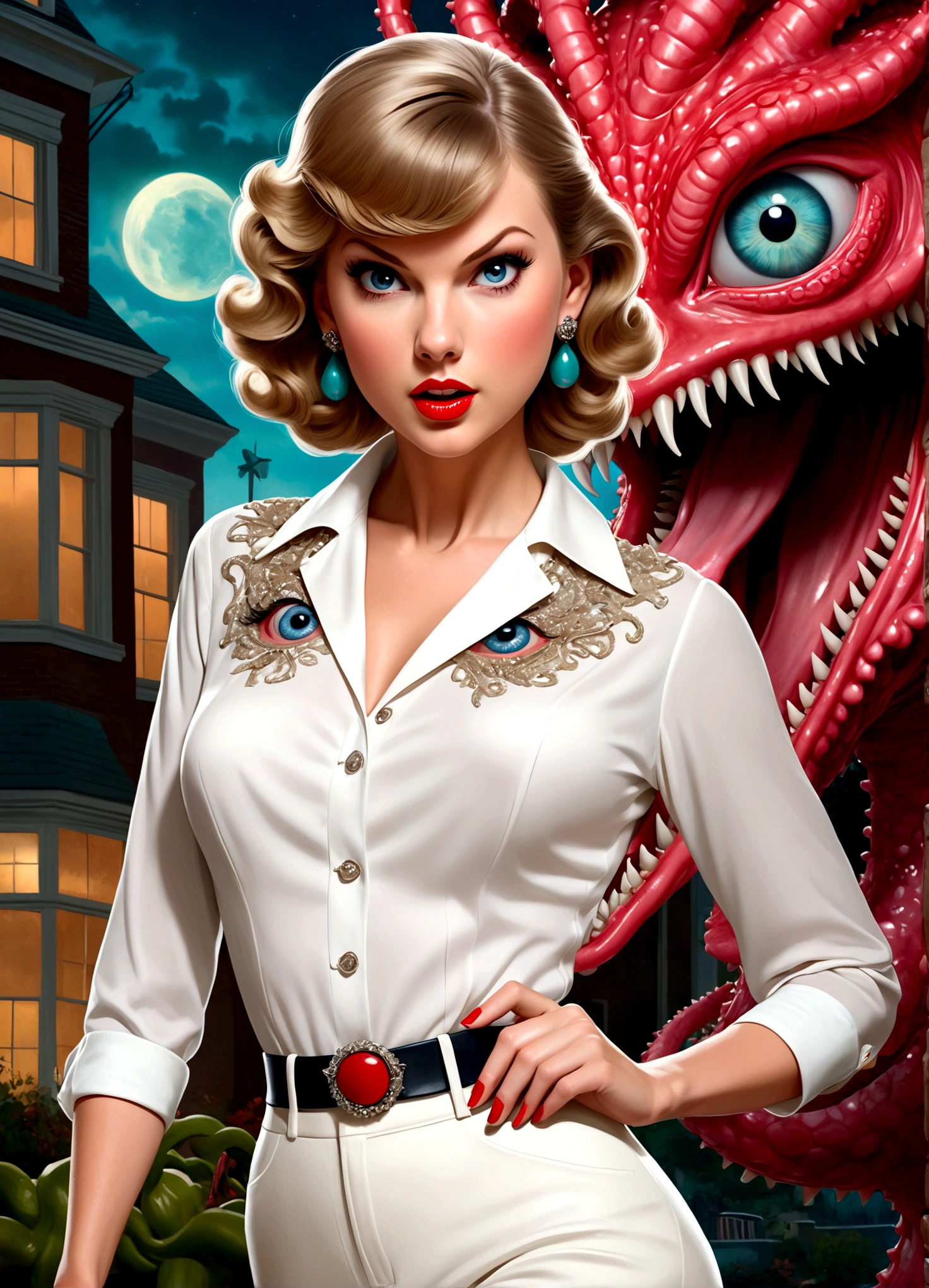 A glamorous 1950s housewife,Taylor Swift,ultra-detailed,photorealistic,beautiful detailed eyes,beautiful detailed lips,extremely detailed face,long eyelashes,tight pants,over exposed blouse,fancy hairstyle,high heels,fleeing from a horny alien tentacle monster,campy style,movie poster,dramatic lighting,vivid colors,surreal,concept art