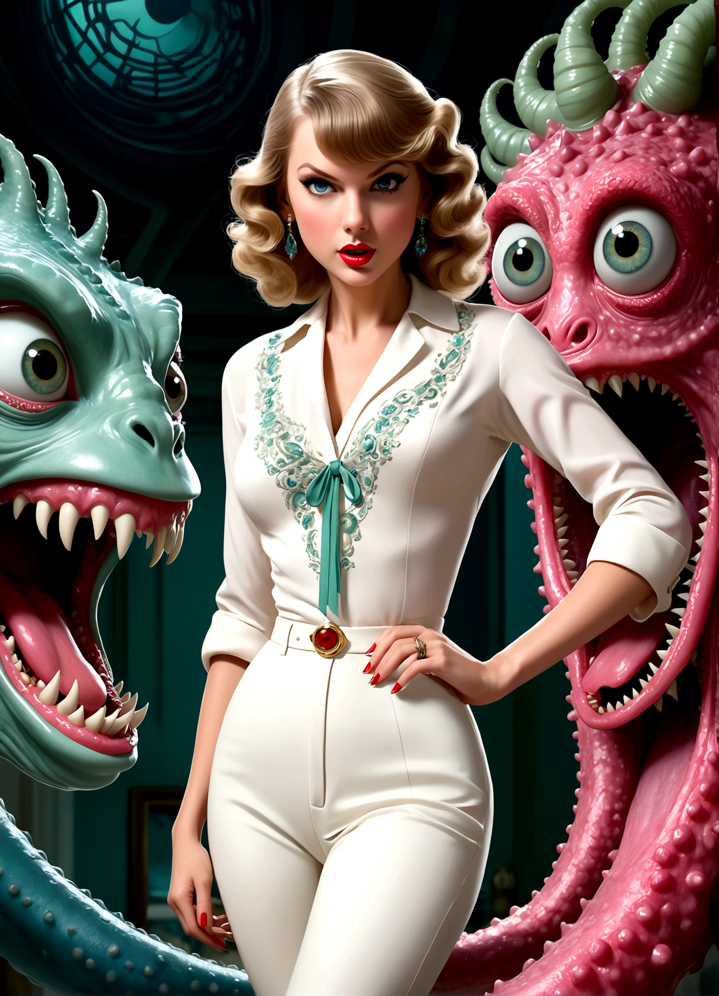 A glamorous 1950s housewife,Taylor Swift,ultra-detailed,photorealistic,beautiful detailed eyes,beautiful detailed lips,extremely detailed face,long eyelashes,tight pants,over exposed blouse,fancy hairstyle,high heels,fleeing from a horny alien tentacle monster,campy style,movie poster,dramatic lighting,vivid colors,surreal,concept art