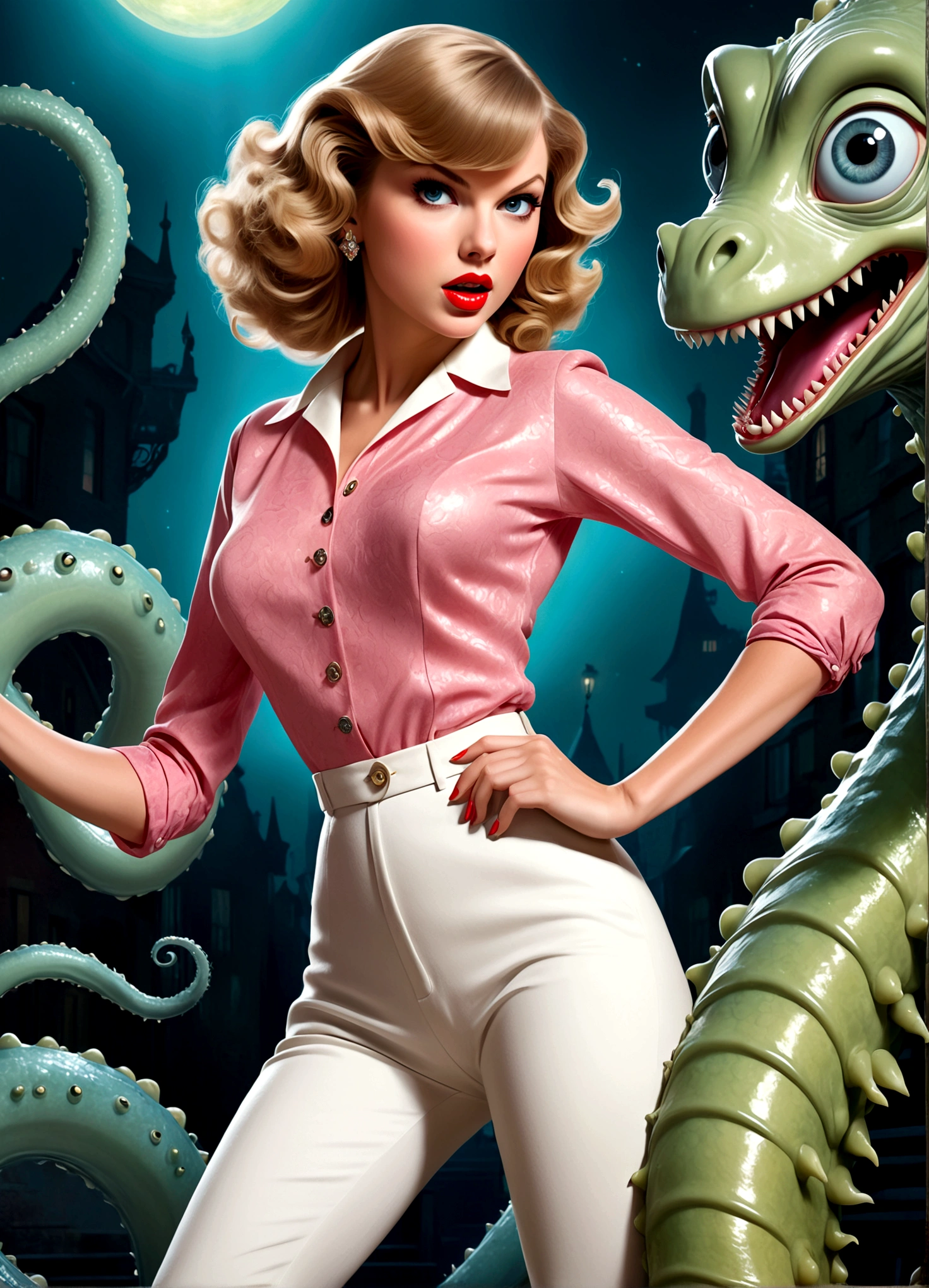 A glamorous 1950s housewife,Taylor Swift,ultra-detailed,photorealistic,beautiful detailed eyes,beautiful detailed lips,extremely detailed face,long eyelashes,tight pants,over exposed blouse,fancy hairstyle,high heels,fleeing from a horny alien tentacle monster,campy style,movie poster,dramatic lighting,vivid colors,surreal,concept art
