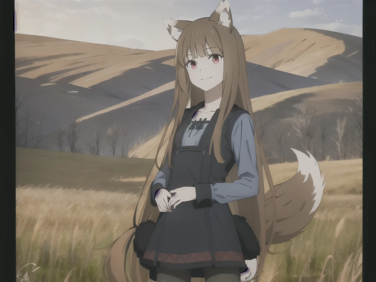 ((masterpiece)),(best quality),official art,very delicate and beautiful,highly detailed CG,Unity 8k wallpaper,super detailed,beautiful fine details,highly detailed face,outdoors,one girl,one person,full body,blue sky,wheat field and rural landscape,facing audience,smiling,(small:1.2),running,wolf girl,animal ears,wolf ears,animal ear hair,very long hair,brown hair,floating hair,side locks,blunt bangs,red eyes,collarbone,jewelry,blue shirt,long sleeves,medium chest,wolf big long tail,black long skirt that reaches below the knee,black pantyhose,black fur boots
