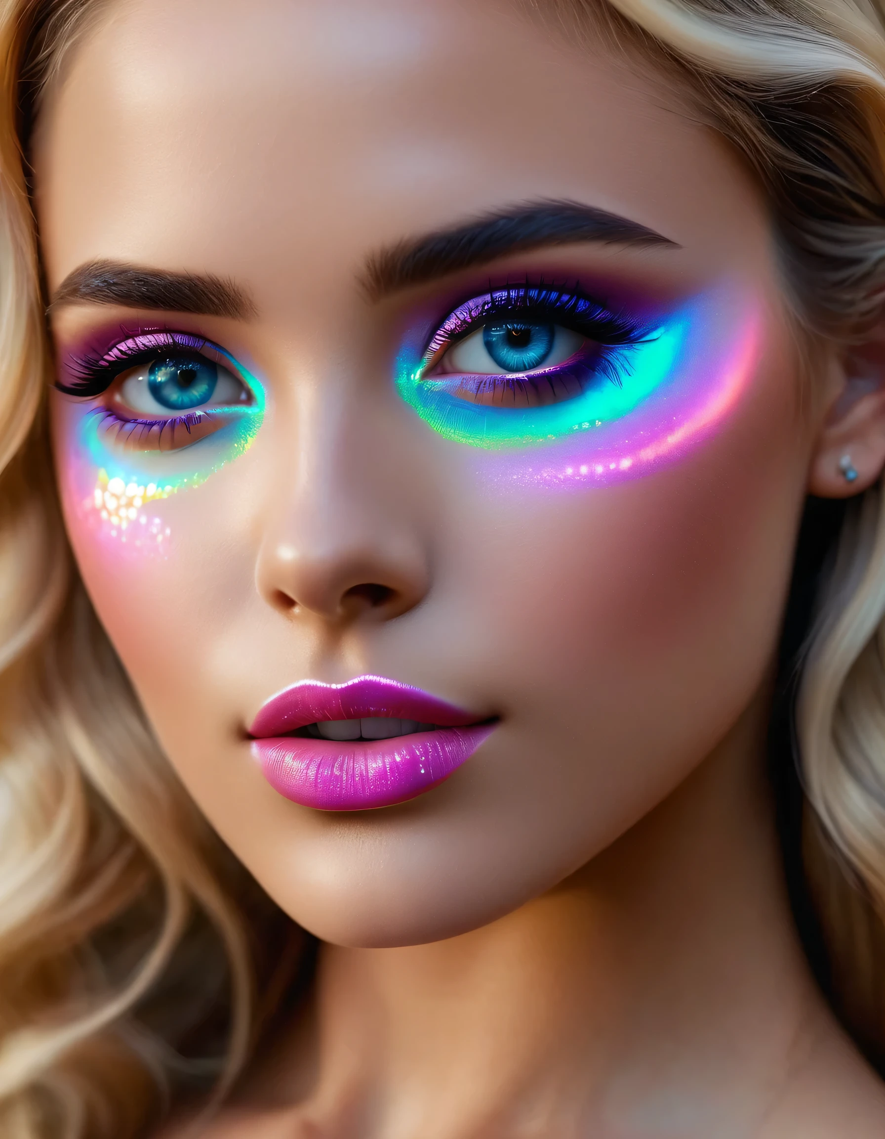 photorealistic Realism 16K Quality: (((Ultra high resolution absurd quality), extremely detailed details, realistic eyes, clearly sharp, absurd quality, no blur perfect eyes)), ([eye|long(lashes)|perfect(eyeshadows)]:[brown:1.35|\blue\|pink]), (super Detailed, beautiful little nose:1.2), (perfect composition), Depth of field, cinematic light, Lens flare, (extremely beautiful face, beautiful lips , Beautiful eyes), Intricate detail face, best high quality real texture skin:1.3, A woman with velvety skin:1.33), ((best high quality real texture hair)), (short blonde hair, (wavy, combed up, behind the ear), extremely detailed:1.38)), photo of the most beautiful artwork in the world, professional majestic (photography by Steve McCurry), 8k uhd, dslr, soft lighting, high quality, Fujifilm XT3 sharp focus, f 5.6, dramatic, (Anatomically correct perfect proportions), ((perfect hands:1.2)), (Super beautiful face: 1.33), ((perfect female body:1.4)), cute girl, ((firm and full breasts)), (the most absurd quality perfect eyes:1.35), ((super beautiful cute sharp-face)), (light pale complexion), transparent color pvc (Super Shiny Transparent Fluorescent Hologram Colorful$#$%! PVC Soft Full Bodysuit:1.36) , Ultra-tight fit bodysuit with super reflective surfaces, ((close to her face:1.3))