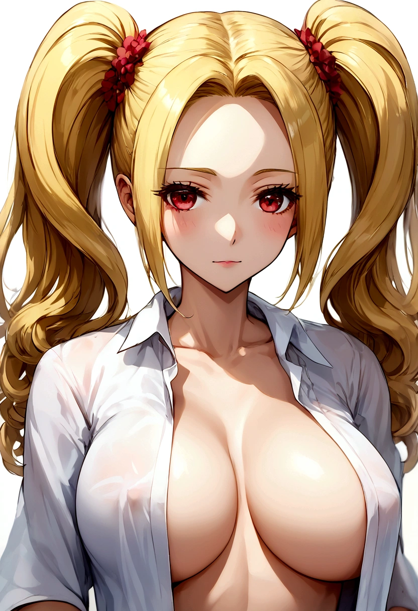 One Woman, Highest quality, masterpiece, Ultra HD, Highly detailed contours, Highly detailed face, Large Breasts, Beautiful breasts, young woman, cool, Cleavage, Highly detailed eyes, anime, Blonde, blush, Open shirt, 前がFully Openのシャツ, Twin tails, Forehead visible, Tough character, Underboob, Open front shirt, Fully Open, 