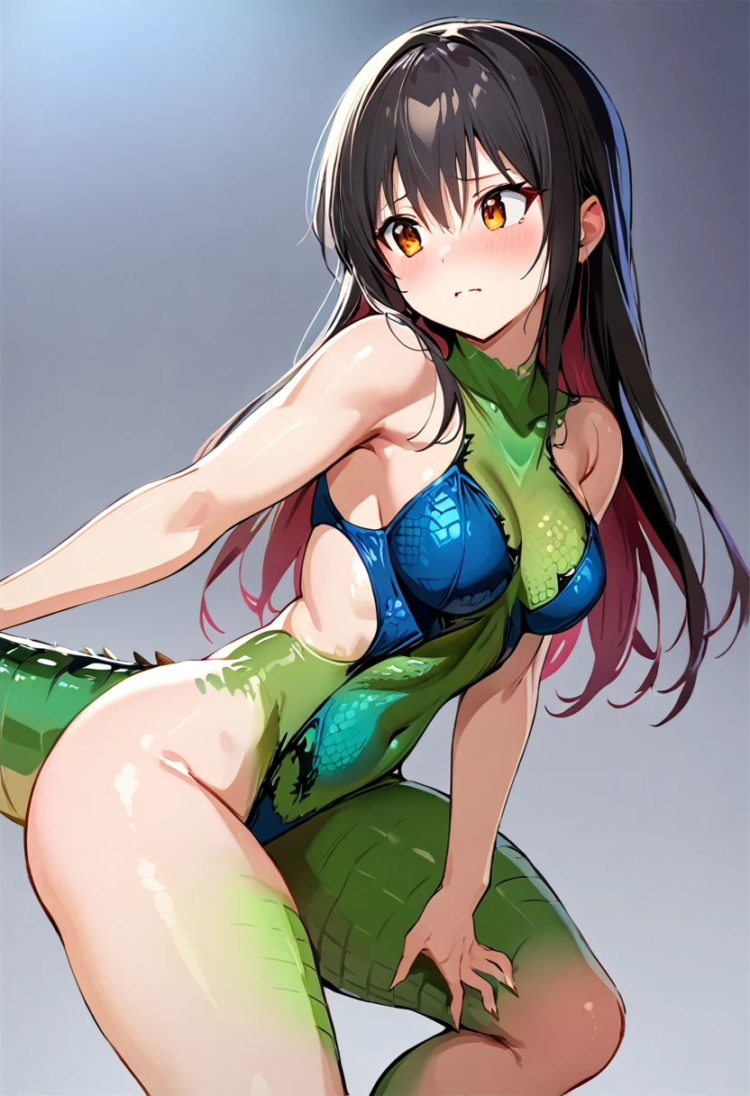 ((masterpiece)), highest quality, Super detailed,(One girl),(Yui Kotegawa morphing into lizard), Long Hair,Beautiful background , chest, Curved body, Look to the side, Worried face, 