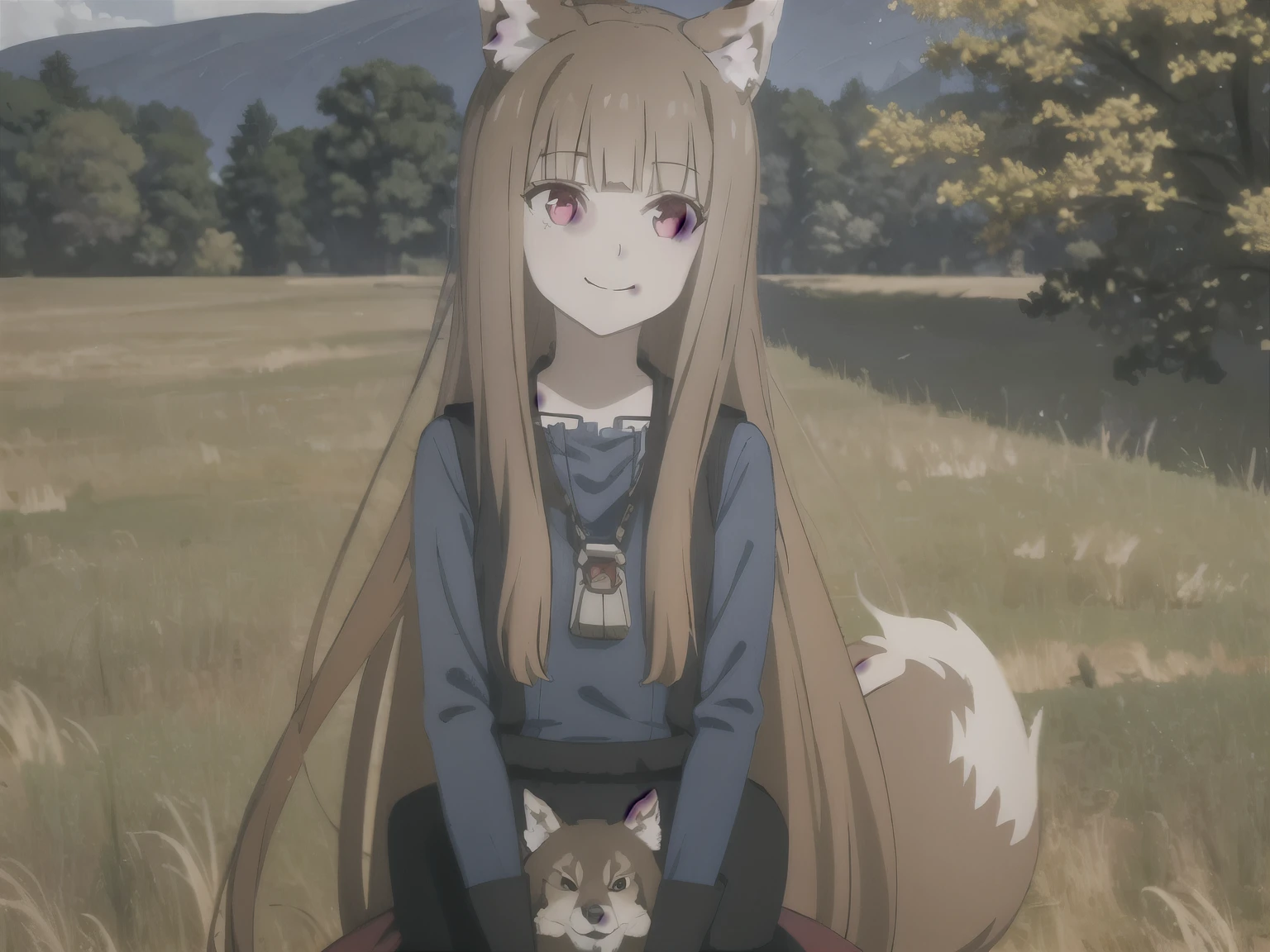 ((masterpiece)), (best quality), official art, very delicate and beautiful, highly detailed CG, Unity 8k wallpaper, ultra detailed, beautiful fine details, highly detailed face, outdoors, one girl, alone, upper body, close up of face, blue sky, wheat field and rural landscape, facing the audience, smiling, (small:1.2), wolf girl, animal ears, wolf ears, animal ear hair, very long hair, brown hair, floating hair, side locks, blunt bangs, big eyes, big red pupils, collarbone, jewels, blue shirt, long sleeves, medium chest, big long wolf tail, black long skirt reaching below the knees, black pantyhose, black furry boots