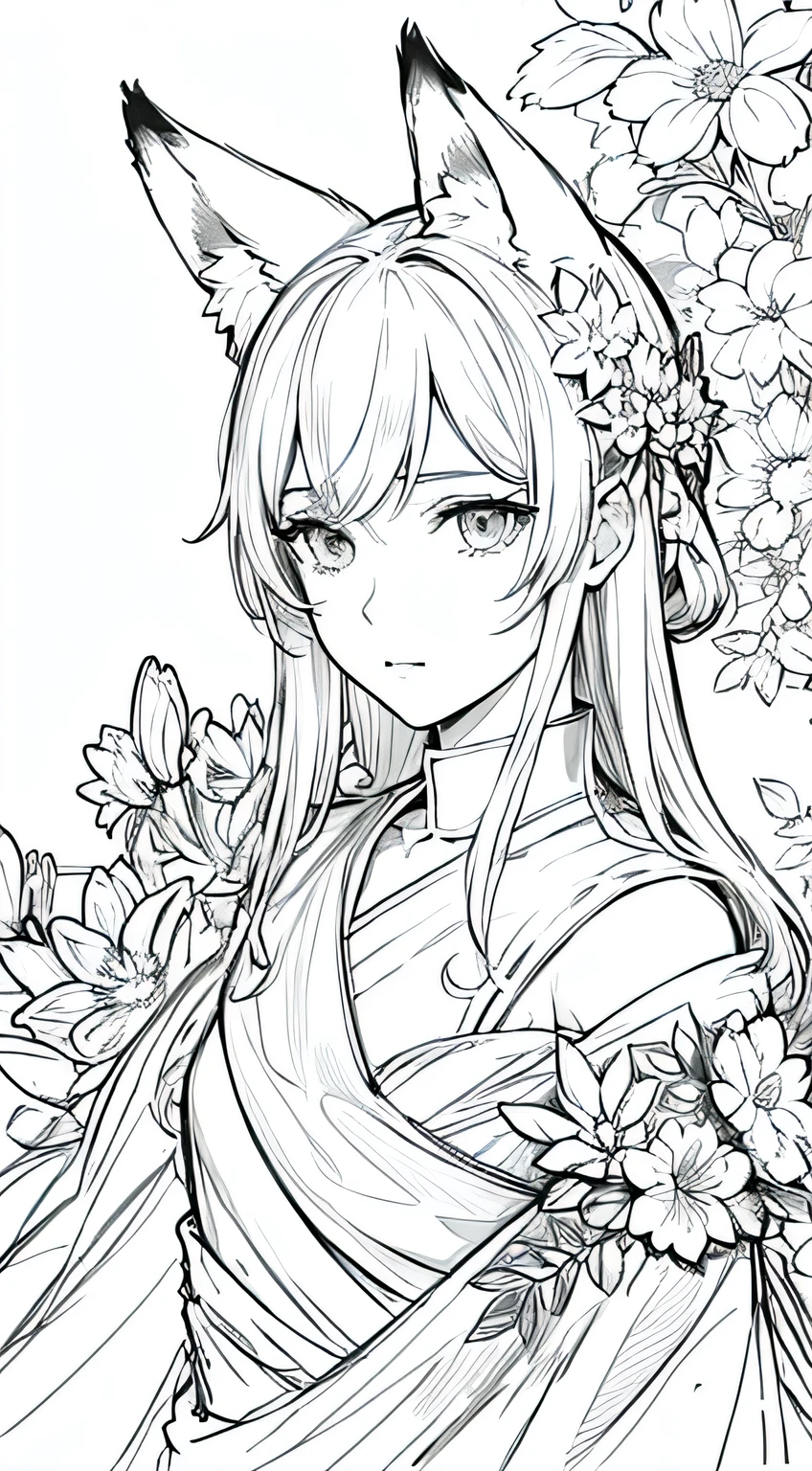 masterpiece, superlative, fox ears, male , solo, bust closeup, flower line drawing background, white background, monochrome, line drawing, ((sketch))