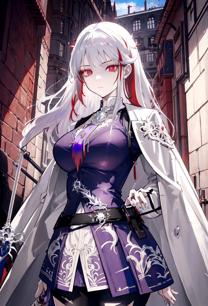 a woman with white hair and red streaks, neutral facial expression, detailed red eyes, holding a large ornate purple sword, detailed eyes, extremely detailed sword, cinematic dramatic lighting, fantasy, concept art
