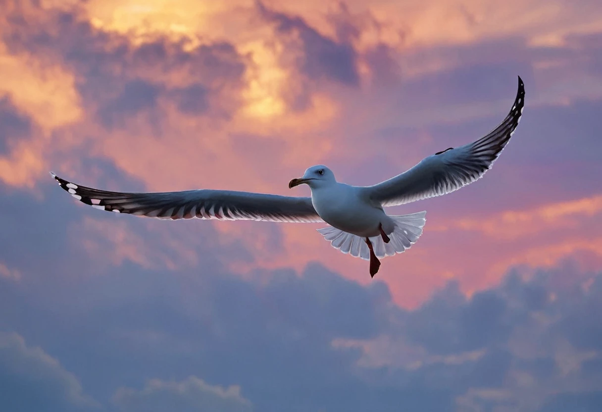 a seagull flying in the sky holding a french fry in its beak, sunset, backlit, beautiful clouds, extremely beautiful sky