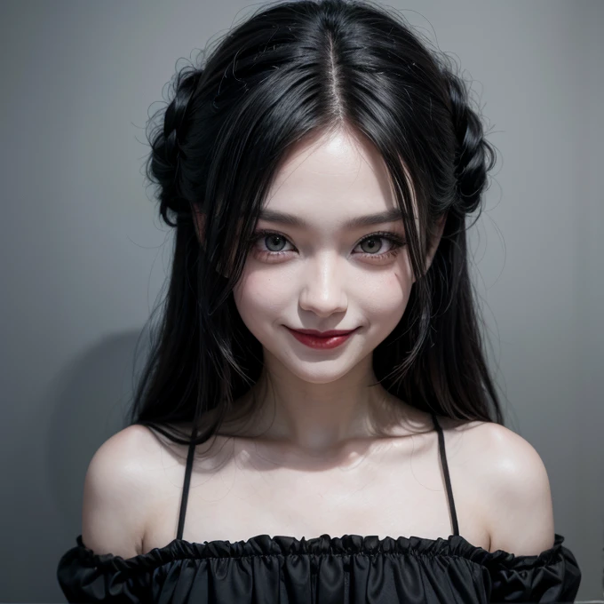 Woman with black dress, clown make up, creepy smile, long black hair