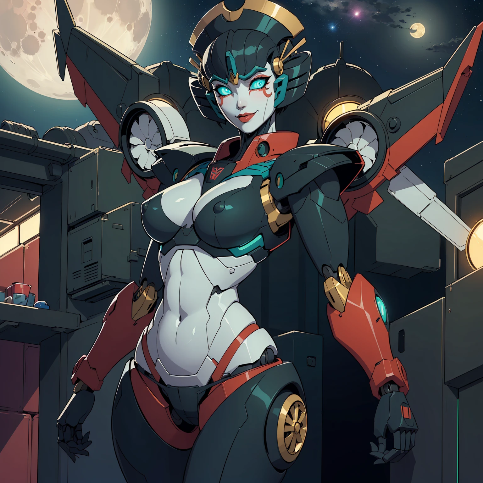 windblade, ((robot, mecha, glowing green eyes, makeup, narrow waist, skinny, medium breasts, no_humans, autobot, wings)), pelvic curtain, ((black panties, black bra)), full body, perfect body, (insanely detailed, beautiful detailed face, masterpiece, best quality) , (((solo))), (((1robot))), (((mature))), (extremely detailed 8k paper CG wall unit: 1.1), (fly, Flying to the moon, night), (smile face for the viewer),