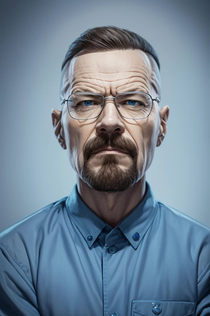 crie o Walter white estilo Cartoon, with Simpsons drawing features. It should contain simple chemical symbols and he should be sitting on a throne of blue crystals. Use your maximum capacity please.