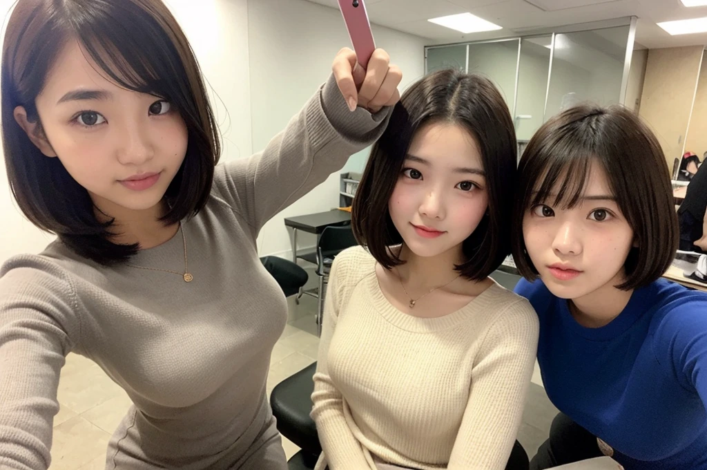 Indonesian girl -yeld Hstyle Casual, F Cup Breasts wearing crewneck dress and selfie with her friend at class