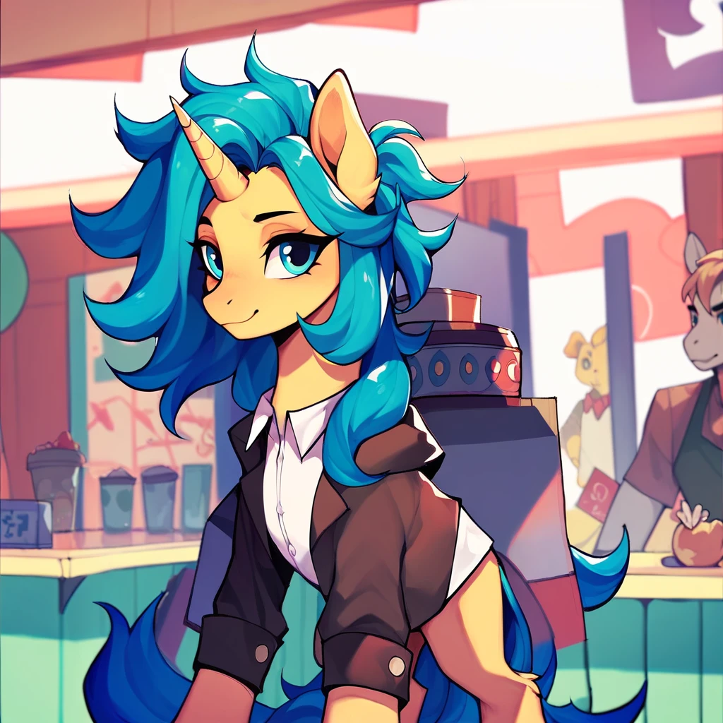 Shop owner, my little pony, nice mane, yellow fur, shelfs full if stuff to sell
