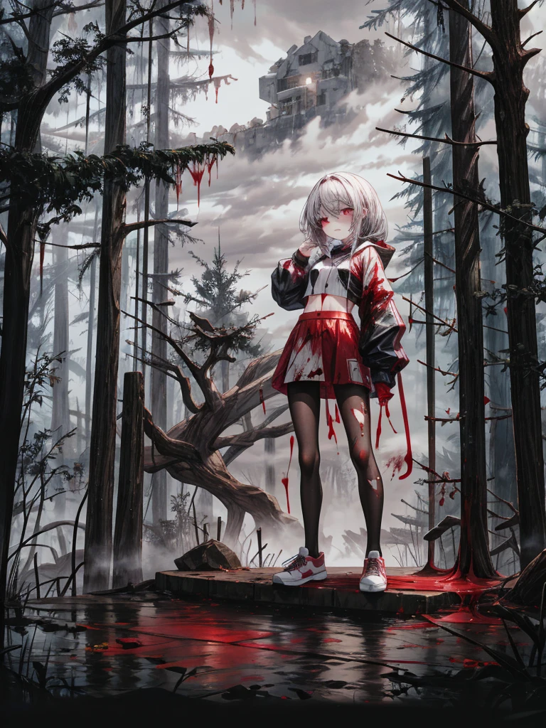 loli, perfect face, scared, aroused, pale skin, long silver hair, crop top, pink pantyhose, sneakers, (camel toe:0.3), extra small breasts, full body, Hand Behind Head Pose, blood-soaked clothes, blood on face, blood splattered, bloody mess. Forest, flowers, shadowy trees, scary trees. The overall atmosphere is night eerie and somber, bad weather, dark clouds, heavy rain, crimson raindrops. Night lighting, cool tones, blue hue, (absurdres:1.3), (saturation:0.2), (highlight:0.3), (brightness:0.3) detailed background, hd quality, ultra_detailed, highres, masterpiece, best quality,