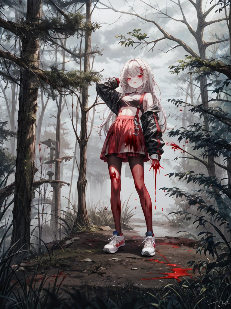 loli, perfect face, scared, aroused, pale skin, long silver hair, crop top, pink pantyhose, sneakers, (camel toe:0.3), extra small breasts, full body, Hand Behind Head Pose, blood-soaked clothes, blood on face, blood splattered, bloody mess. Forest, flowers, shadowy trees, scary trees. The overall atmosphere is night eerie and somber, bad weather, dark clouds, heavy rain, crimson raindrops. Night lighting, cool tones, blue hue, (absurdres:1.3), (saturation:0.2), (highlight:0.3), (brightness:0.3) detailed background, hd quality, ultra_detailed, highres, masterpiece, best quality,