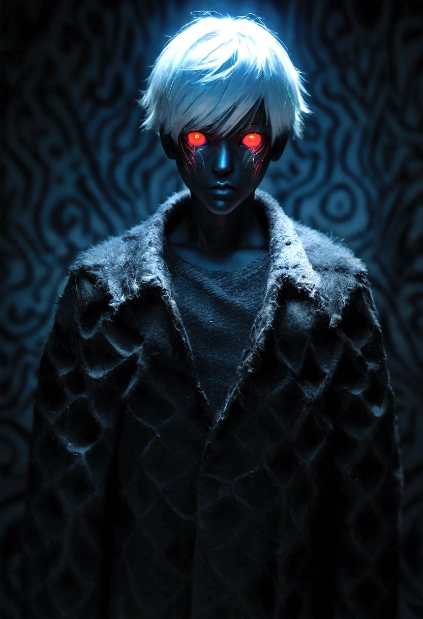 boy, 20 years old, white hair, two block haircut , shirtless, wearing a black fur coat , reality photo, reality skin, detailed skin, glowing light eyes, Biomechanical, eerie, Creepy, nightmarish, Very bright colors, Light particles, with light glowing, Mshiff, wallpaper art, UHD wallpaper