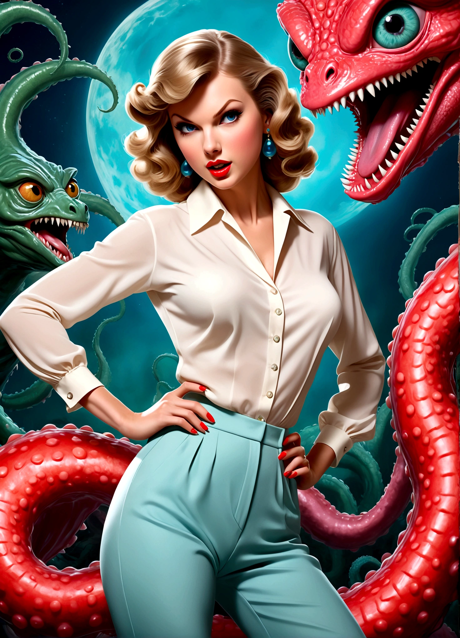 A glamorous 1950s housewife,Taylor Swift,ultra-detailed,photorealistic,beautiful detailed eyes,beautiful detailed lips,extremely detailed face,long eyelashes,tight pants,over exposed blouse,fancy hairstyle,high heels,fleeing from a horny alien tentacle monster,campy style,movie poster,dramatic lighting,vivid colors,surreal,concept art
