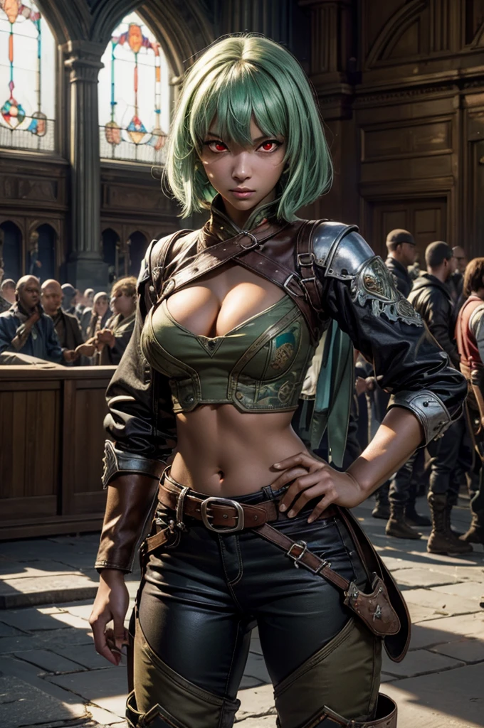 emeraldsustrai, emerald sustrai, short hair, (red eyes:1.5), green hair, dark skin, dark-skinned female, BREAK navel, cleavage, midriff, belt, cleavage cutout, chaps, hands on hips, BREAK outside palace, floor, mable pillers, tall stained glass windows, BREAK gala, large crowd, (((crowd in military dress))), (volumetric lighting), intricate details, tonemapping, sharp focus, hyper detailed, (cowboy shot:1.5), BREAK (masterpiece:1.2), best quality, high resolution, unity 8k wallpaper, (illustration:0.8), (beautiful detailed eyes:1.6), extremely detailed face, perfect lighting, extremely detailed CG, (perfect hands, perfect anatomy),