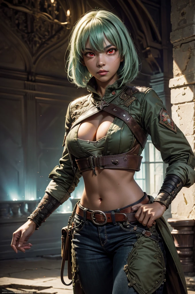 emeraldsustrai, emerald sustrai, short hair, (red eyes:1.5), green hair, dark skin, dark-skinned female, BREAK navel, cleavage, midriff, belt, cleavage cutout, chaps, hands on hips, BREAK outside palace, floor, mable pillers, tall stained glass windows, BREAK gala, large crowd, (((crowd in military dress))), (volumetric lighting), intricate details, tonemapping, sharp focus, hyper detailed, (cowboy shot:1.5), BREAK (masterpiece:1.2), best quality, high resolution, unity 8k wallpaper, (illustration:0.8), (beautiful detailed eyes:1.6), extremely detailed face, perfect lighting, extremely detailed CG, (perfect hands, perfect anatomy),