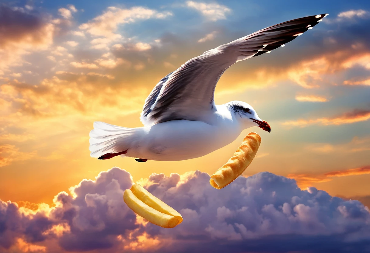 a seagull flying in the sky holding a french fry in its beak, beautiful detailed clouds, extremely beautiful sunset sky, backlit, photorealistic, highly detailed, cinematic, vibrant colors, dynamic composition, dramatic lighting