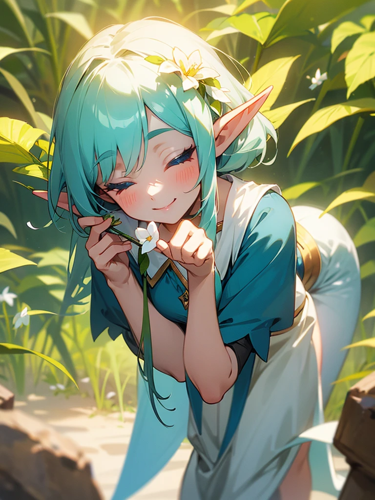 A sweet elf girl, holding a flower in her hand, smiles with her eyes closed, slightly bent over, towards the camera, looks like she's saying thank you