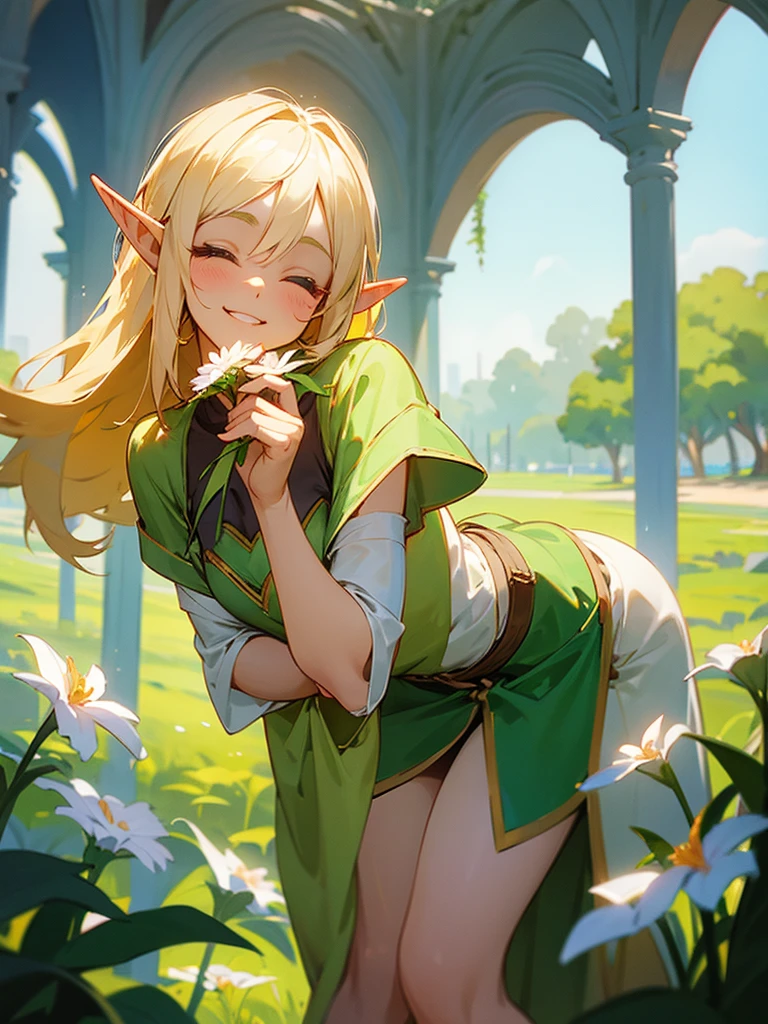 A sweet elf girl, holding a flower in her hand, smiles with her eyes closed, slightly bent over, towards the camera, looks like she's saying thank you