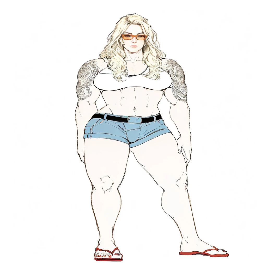 a drawing of a muscular blonde woman with tattoos and a white top, orange glasses, full body portrait of a short!, female full body, full body illustration, detailed full body portrait, full body picture, detailed full body, fullbody portrait, full body female, highly detailed full body, full body details, full body concept, d & d style full body portrait, detailed full body concept
