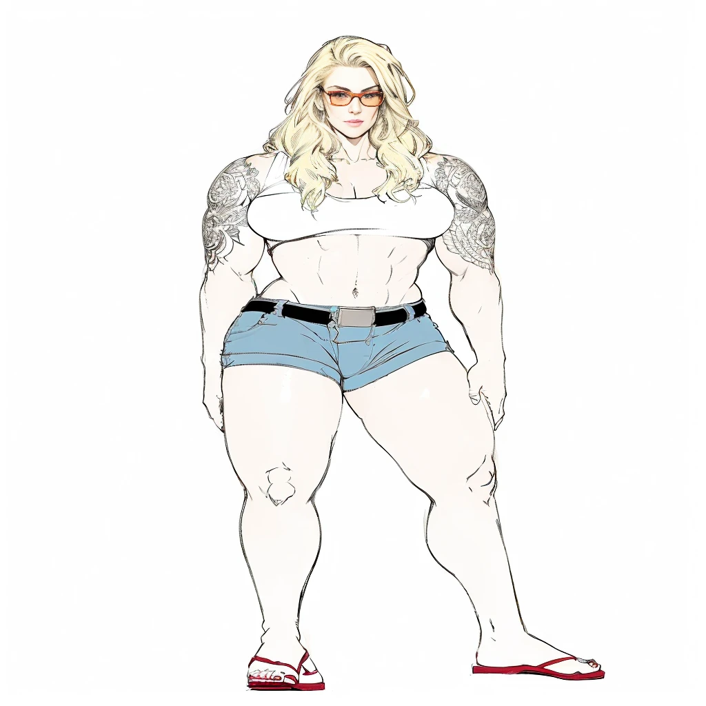 a drawing of a muscular blonde woman with tattoos and a white top, orange glasses, full body portrait of a short!, female full body, full body illustration, detailed full body portrait, full body picture, detailed full body, fullbody portrait, full body female, highly detailed full body, full body details, full body concept, d & d style full body portrait, detailed full body concept