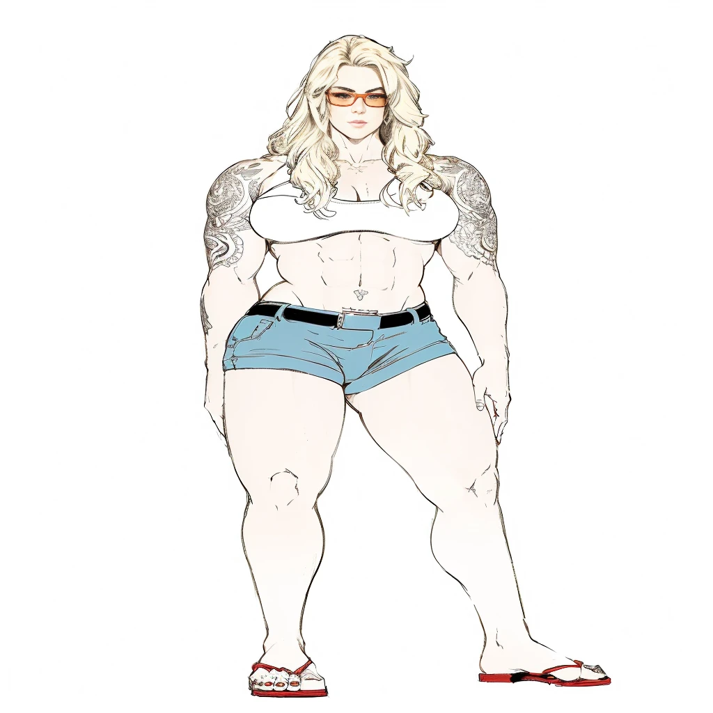 a drawing of a muscular blonde woman with tattoos and a white top, orange glasses, full body portrait of a short!, female full body, full body illustration, detailed full body portrait, full body picture, detailed full body, fullbody portrait, full body female, highly detailed full body, full body details, full body concept, d & d style full body portrait, detailed full body concept