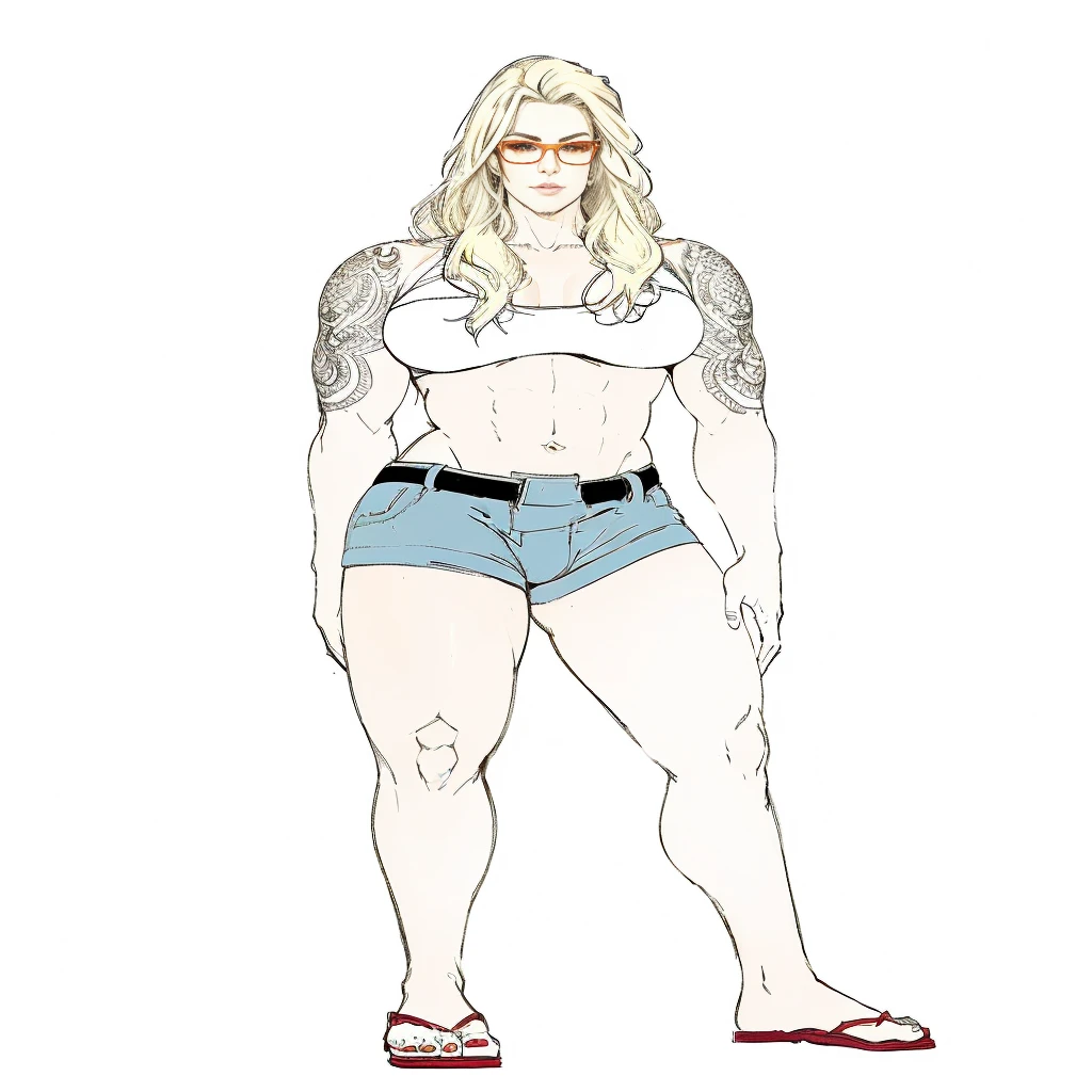 a drawing of a muscular blonde woman with tattoos and a white top, orange glasses, full body portrait of a short!, female full body, full body illustration, detailed full body portrait, full body picture, detailed full body, fullbody portrait, full body female, highly detailed full body, full body details, full body concept, d & d style full body portrait, detailed full body concept
