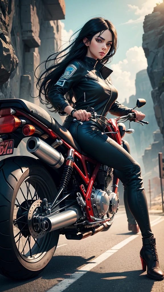 Woman, jet black hair, blue aquamarine eyes, on a red motorbike, on clifs, high quality, detailed, high definition, detailed face, detailed body