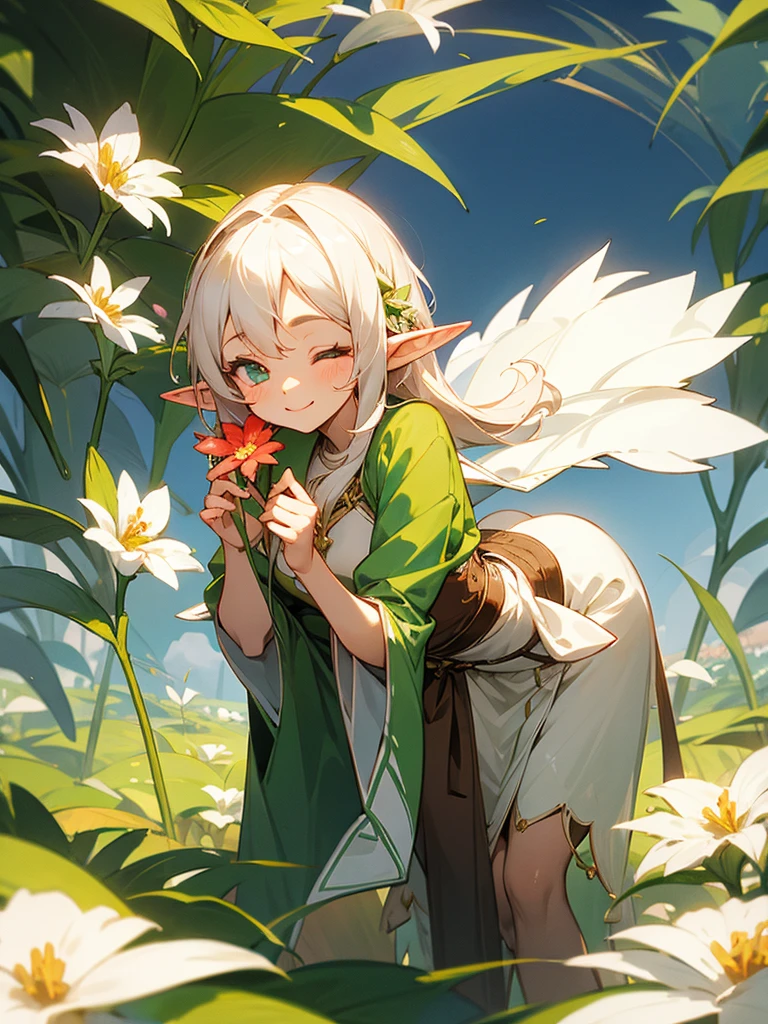 A sweet elf girl, holding a flower in her hand, smiles with her eyes closed, slightly bent over, towards the camera