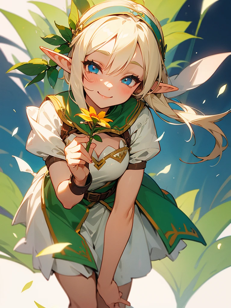 A sweet elf girl, holding a flower in her hand, smiles with her eyes closed, slightly bent over, towards the camera