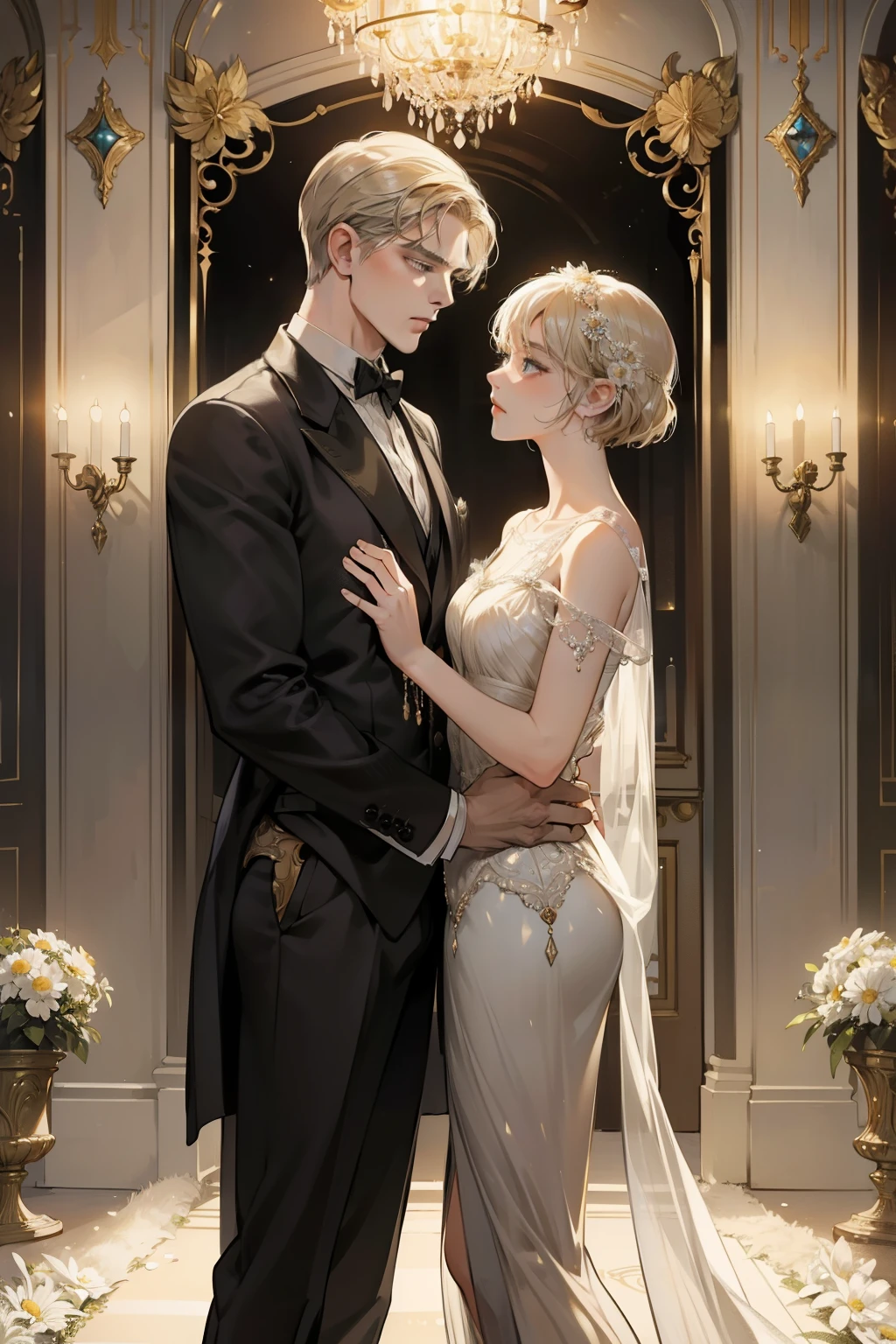 A classic American novel, set in the Roaring Twenties, portrays the elusive pursuit of wealthy socialite Jay Gatsby as he longs to reunite with his cherished, yet distant, past love, Daisy Buchanan. Surrounded by an opulent and decadent backdrop of excessive wealth and moral decay, this timeless tale unfolds with intricate details. 

Gatsby's finely tailored suits and polished demeanor belie the turmoil within, as his longing gaze lands on Daisy, who stands before him, an enigmatic figure draped in a chiffon dress that shimmers under the gentle glow of the well