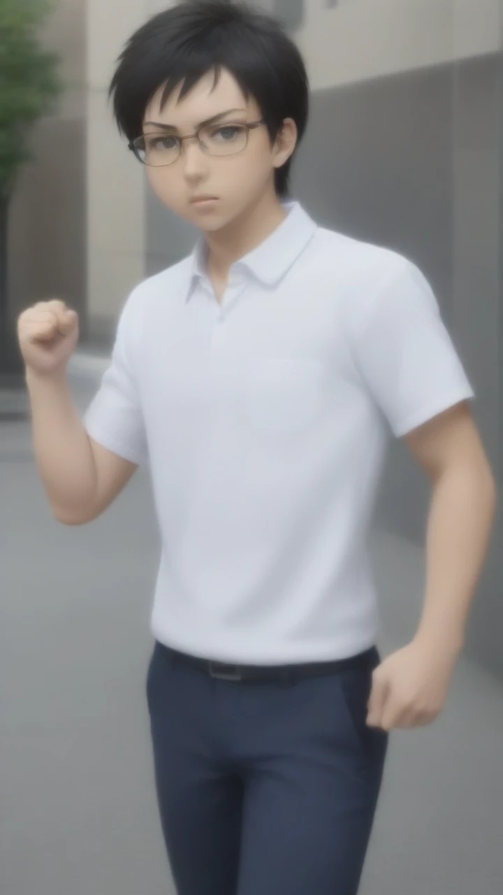 (masterpiece), best quality, expressive eyes, perfect face, 1boy, 13 years-old boy, Japanese male look, tall skinny slim body, black hair, short hair, glasses, white collar shirt short sleeve, white short pants, black school belt, white long socks, brown loafers, target is locked, naughty, frowned, angry, crazy, running, smirking, as fighter boy, punching with clenched hand, bare hand, fights poses, sweated body, at city street, close full body shots,