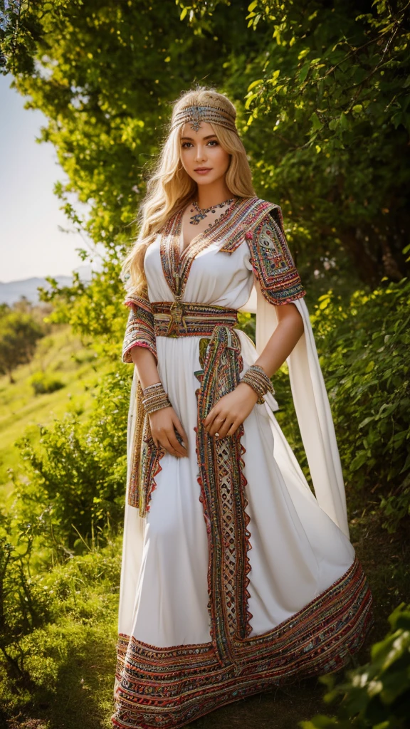 Most beautiful german blonde lady, wearing kabyle robe, kabyledress, amazigh, berber, kabyleoitfits, bijoux, nature background, realistic,4k, professional