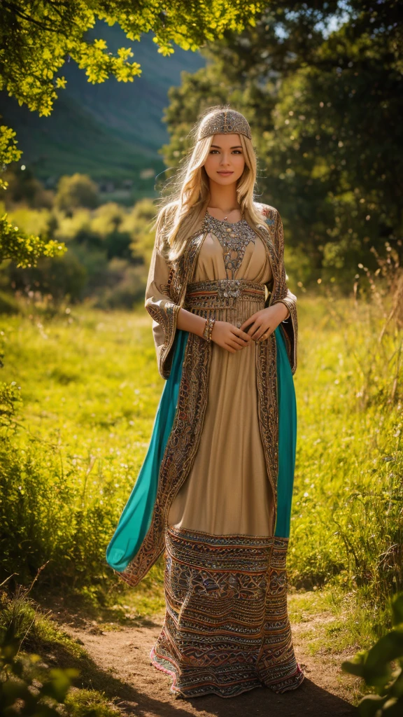 Most beautiful german blonde lady, wearing kabyle robe, kabyledress, amazigh, berber, kabyleoitfits, bijoux, nature background, realistic,4k, professional