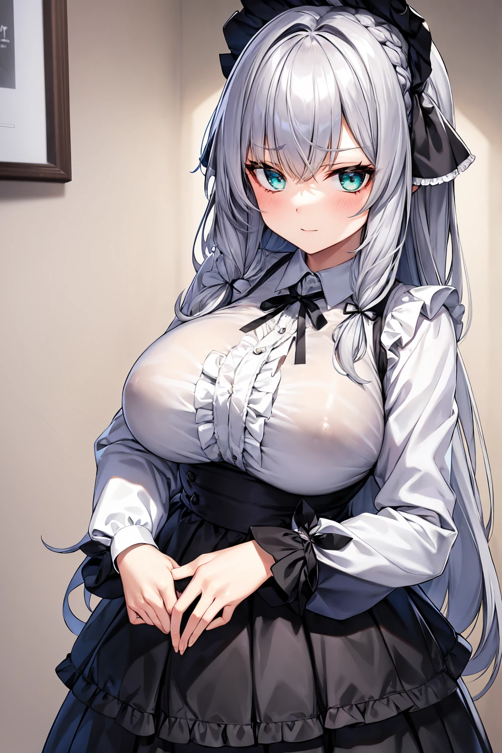 silver-hair,long-hair,silver-hair,green-eyes,dark-makeup,big-breast,白いFrilled shirt、Frilled shirt、black-ribbon-skirt,big-breast,older sister、Braided Hair