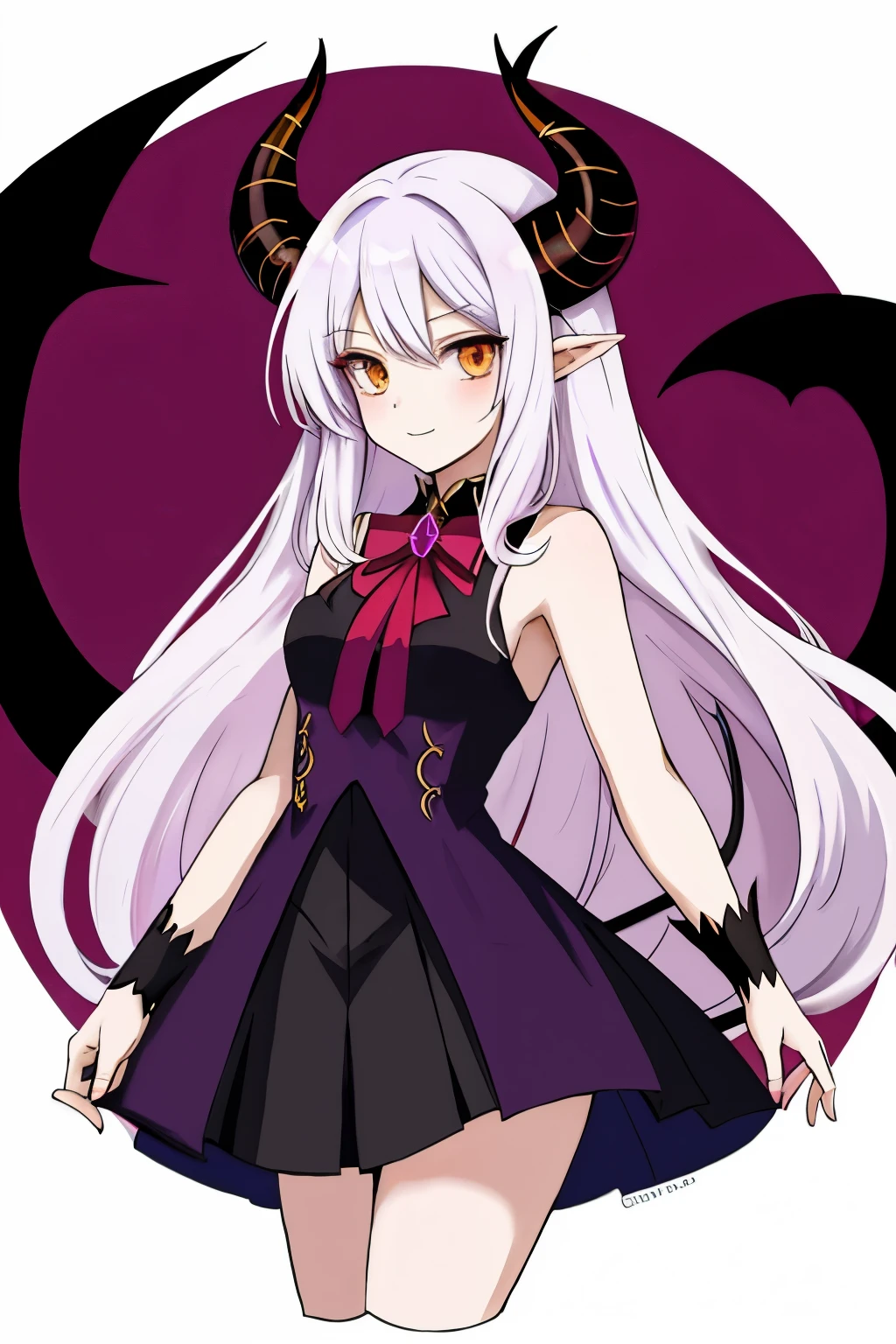 anime female demon warlock with long white hair, amber eyes, light purple skin, and demon horns