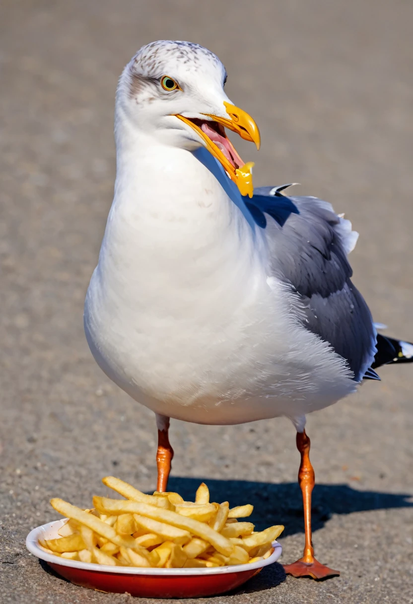 Anthro seagull, snacking on French fries,