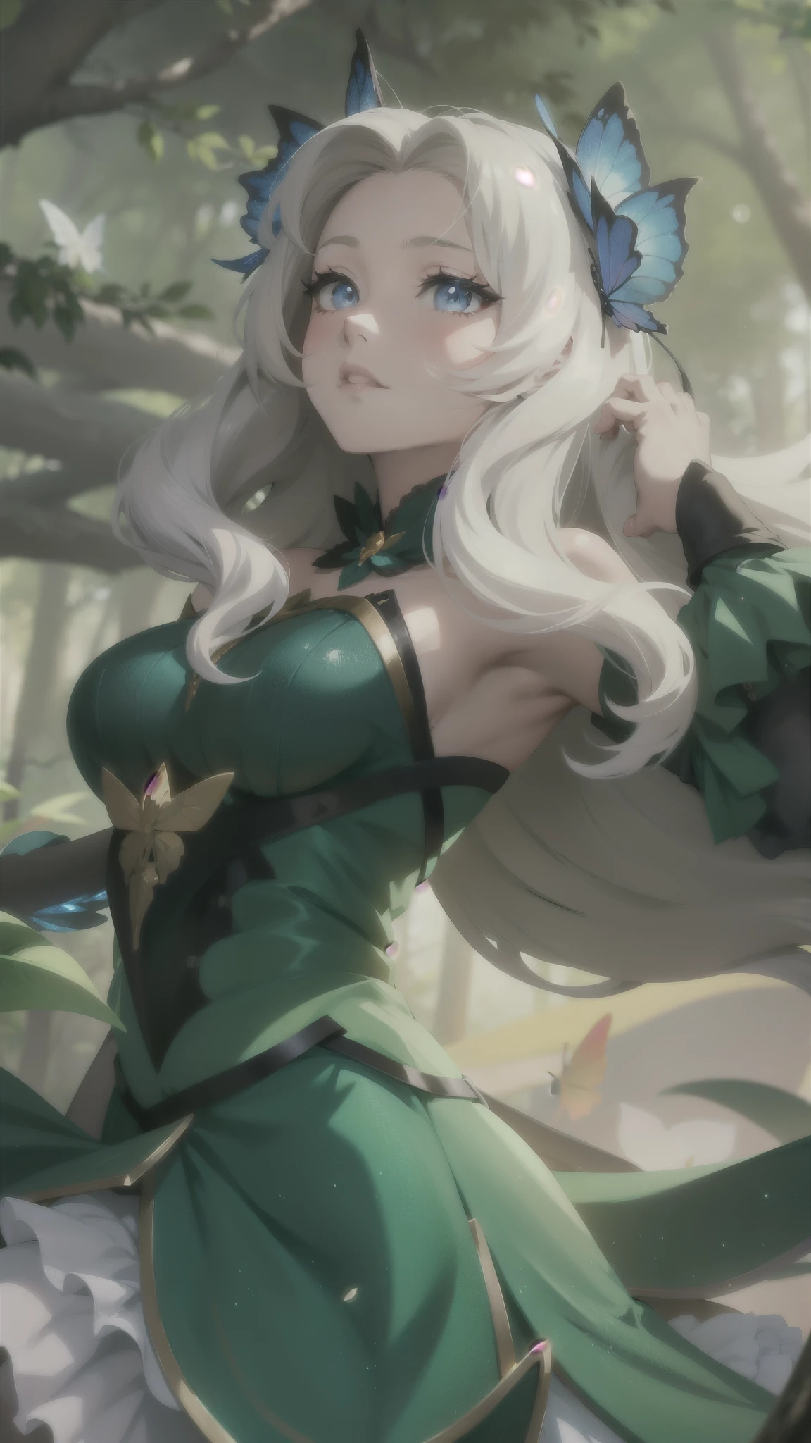 Anime artstyle from Odette Mobile Legends, butterfly-themed skins, forest backgrounds, two-dimensional bodies, anime faces like Shizuka, sexy bodies, like carrying a stick, Anime-like detailed faces, clear eyes looking at the camera, faint smile