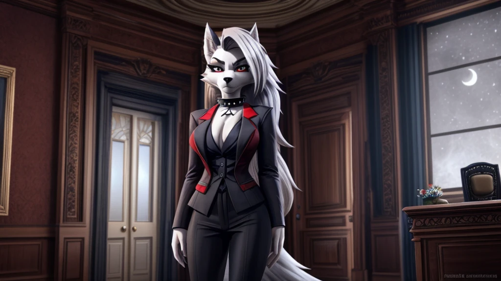 Loona from Helluva Boss, white female wolf, white hair, grey hair, mature adult, red blazer, black pants, inside a office, mansion, moon collar, standing, cold stare, detailed, solo, beautiful, high quality, 4K