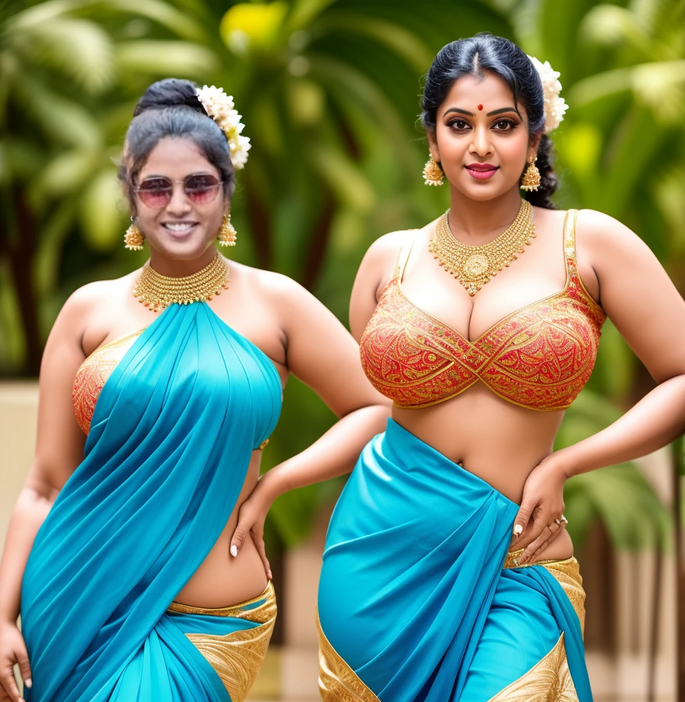 A full length portrait of a smiling corpulent fat 35-year-old Nayanthara wearing a low-cut blouse, high cleavage, in an Indian village on a dusty day. Perfect composition, perfect face, beautiful lips, character portrait, intricate, masterpiece, expert, insanely detailed, 4k resolution, muccia and rockwell, Stanley Lau Artgerm, WLOP, perfect eyes, perfect navel, stomach love handles