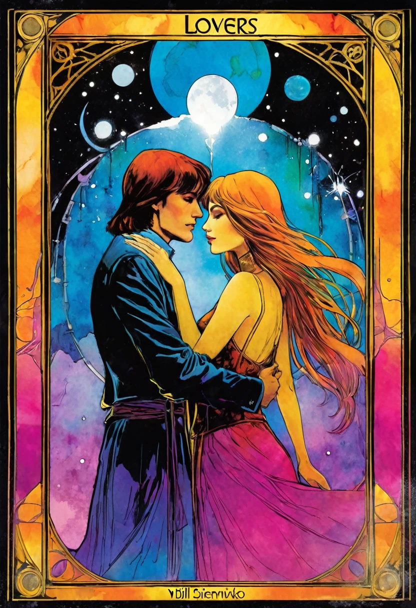 tarot card, a card, card : "THE LOVERS", tarot card frame,vivid colors (art inspired by Bill Sienkiewicz).
